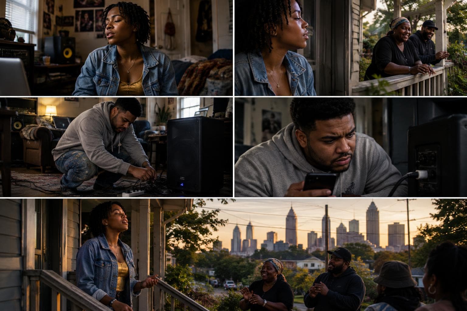 Comic strip of a round in ATL Rising, an AI music industry RPG: singer-songwriter balancing rent, hooks, and stubborn optimism and producer and former church drummer chasing clean low end