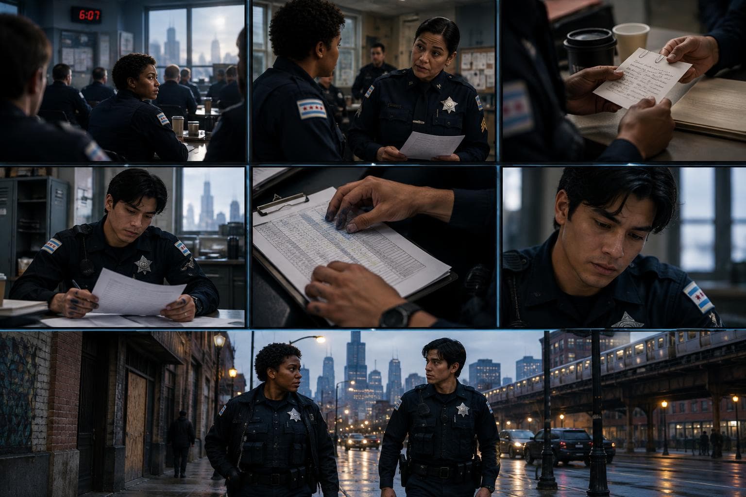 Comic strip of a round in Blue Line, an AI police drama RPG: a careful rookie who wants neighbors to see more than a uniform and a quick-witted rookie who takes notes before he takes chances