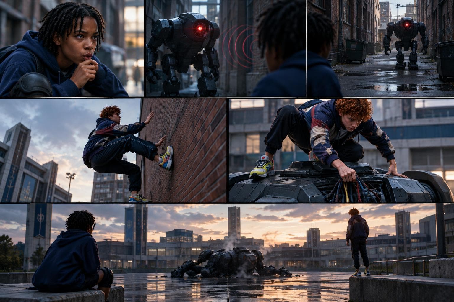 Comic strip of a round in Capes Academy, an AI superhero school RPG: a careful rescue-minded tactician with a newly awakened sound-bending spark and a cheerful sprinter whose spark lets him stick to any surface