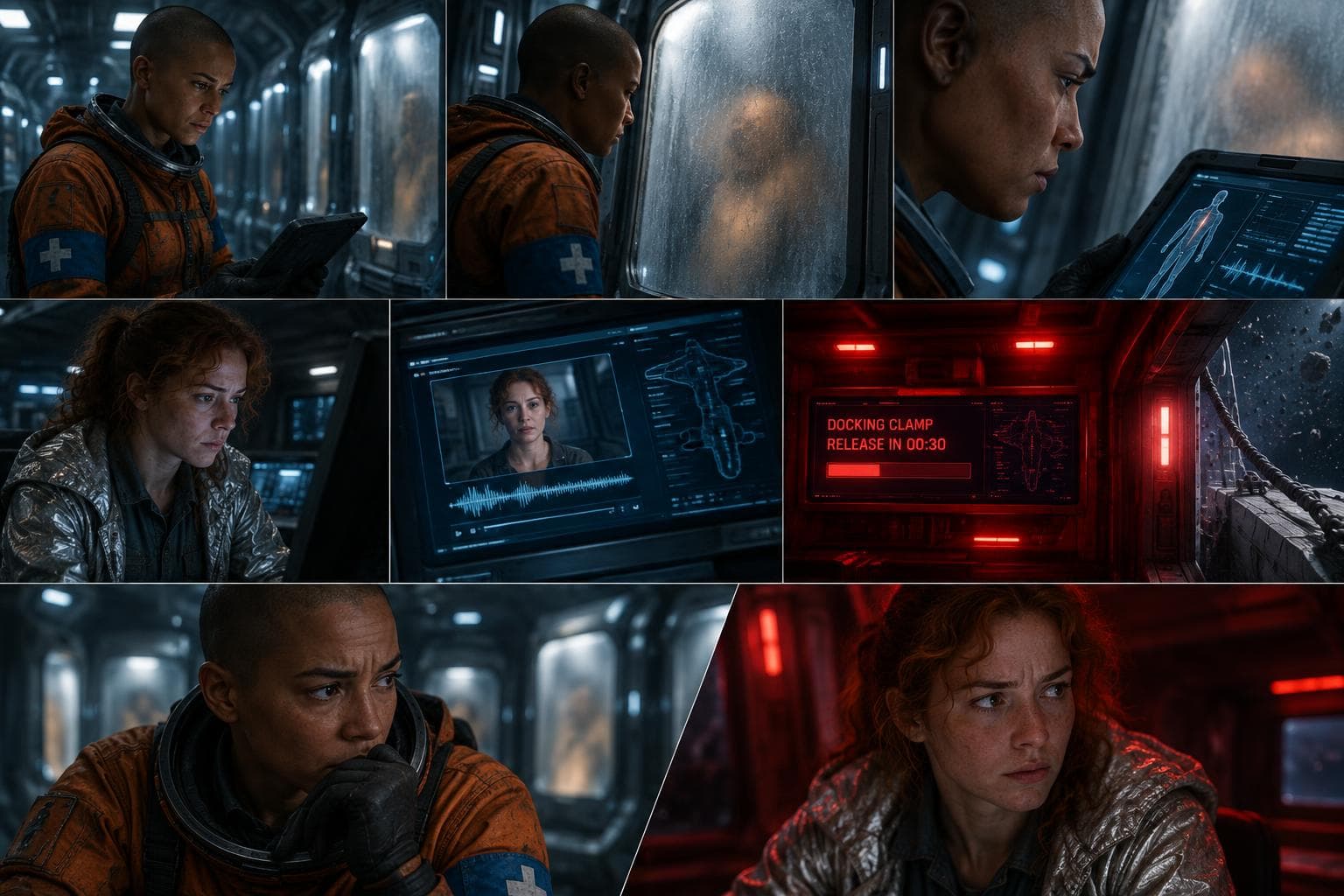 Comic strip of a round in The Drowned Stars, an AI sci-fi RPG: former station medic who trusts pressure seals more than people and a cheerful engineer who collects broken things and questionable buttons