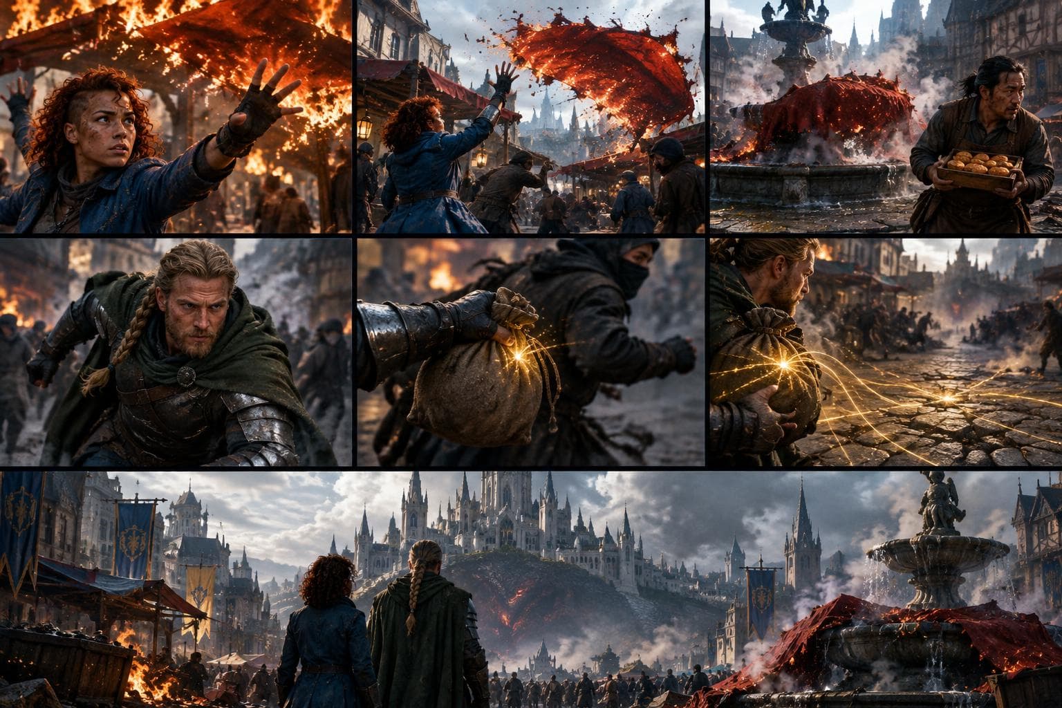Comic strip of a round in The Ember Crown, an AI fantasy RPG: a runaway royal pyromancer hunting the crown thieves and a disgraced knight who trusts his shield more than nobles