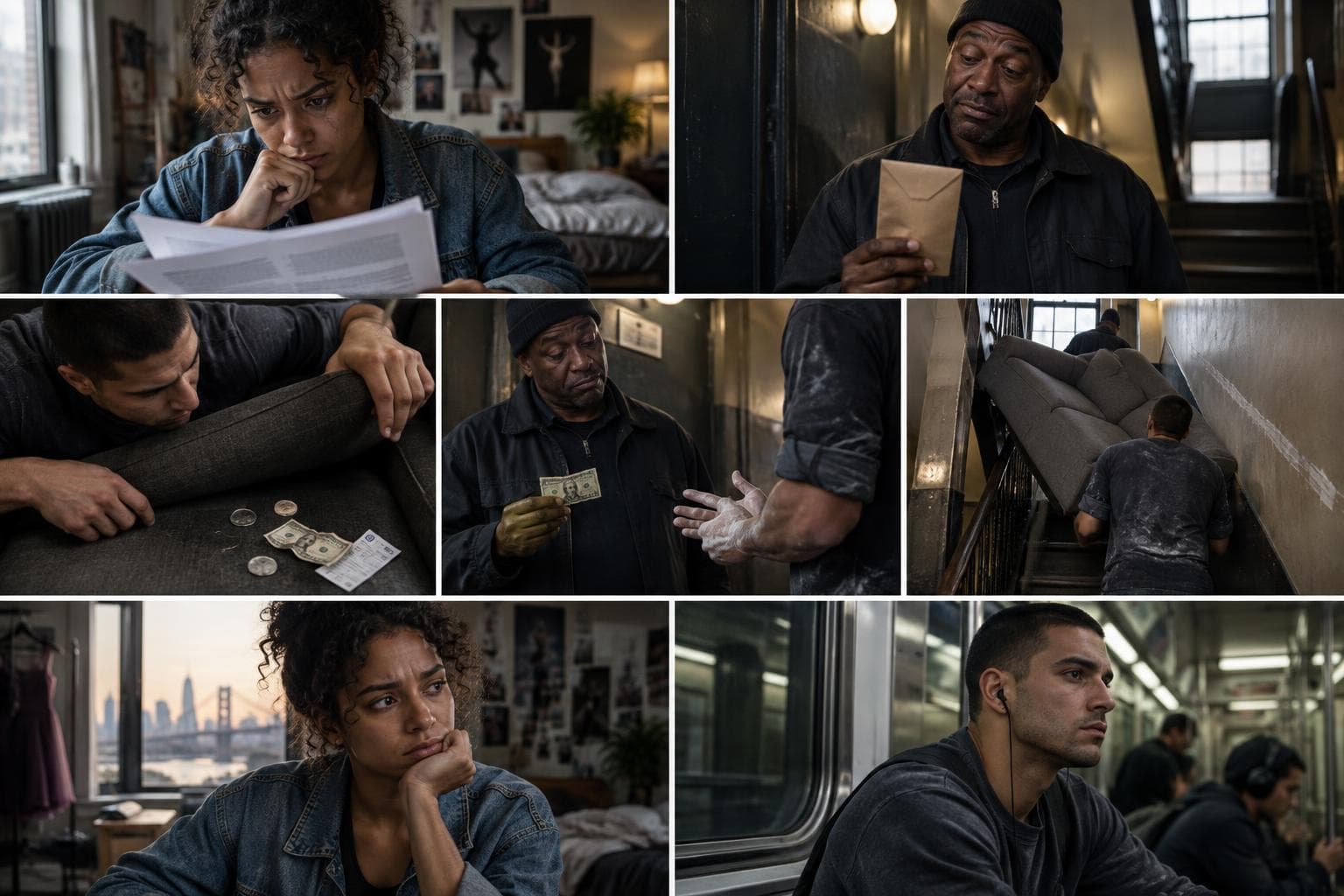 Comic strip of a round in Five Boroughs, an AI big-city dreams RPG: an aspiring broadway actor with a talent for charming difficult people and a queens-born line cook saving up to open his own restaurant