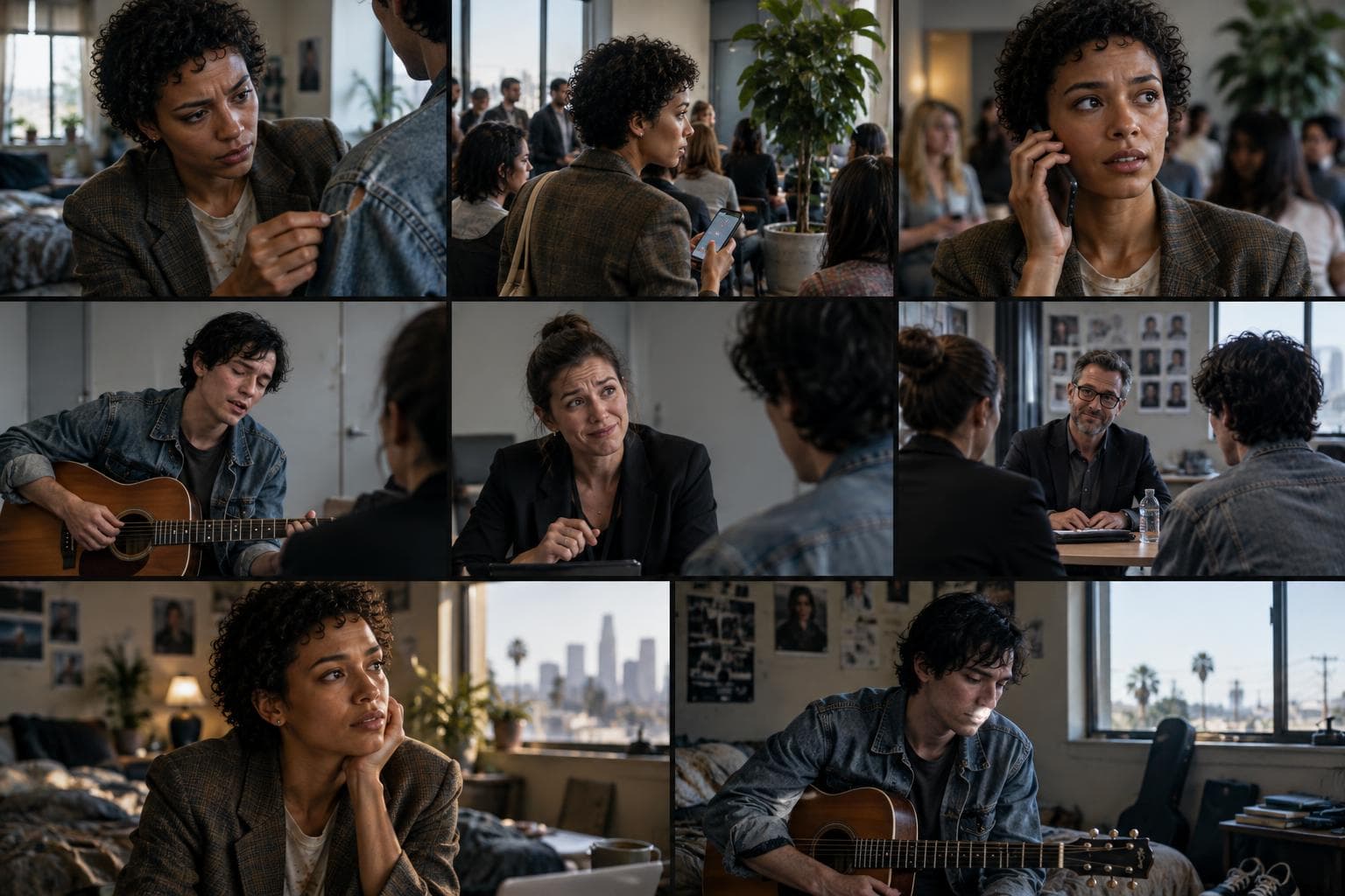 Comic strip of a round in Hollywood Dreams, an AI fame and fortune RPG: a meticulous actor balancing auditions with barista shifts and a bedroom pop musician hoping his first commercial pays rent