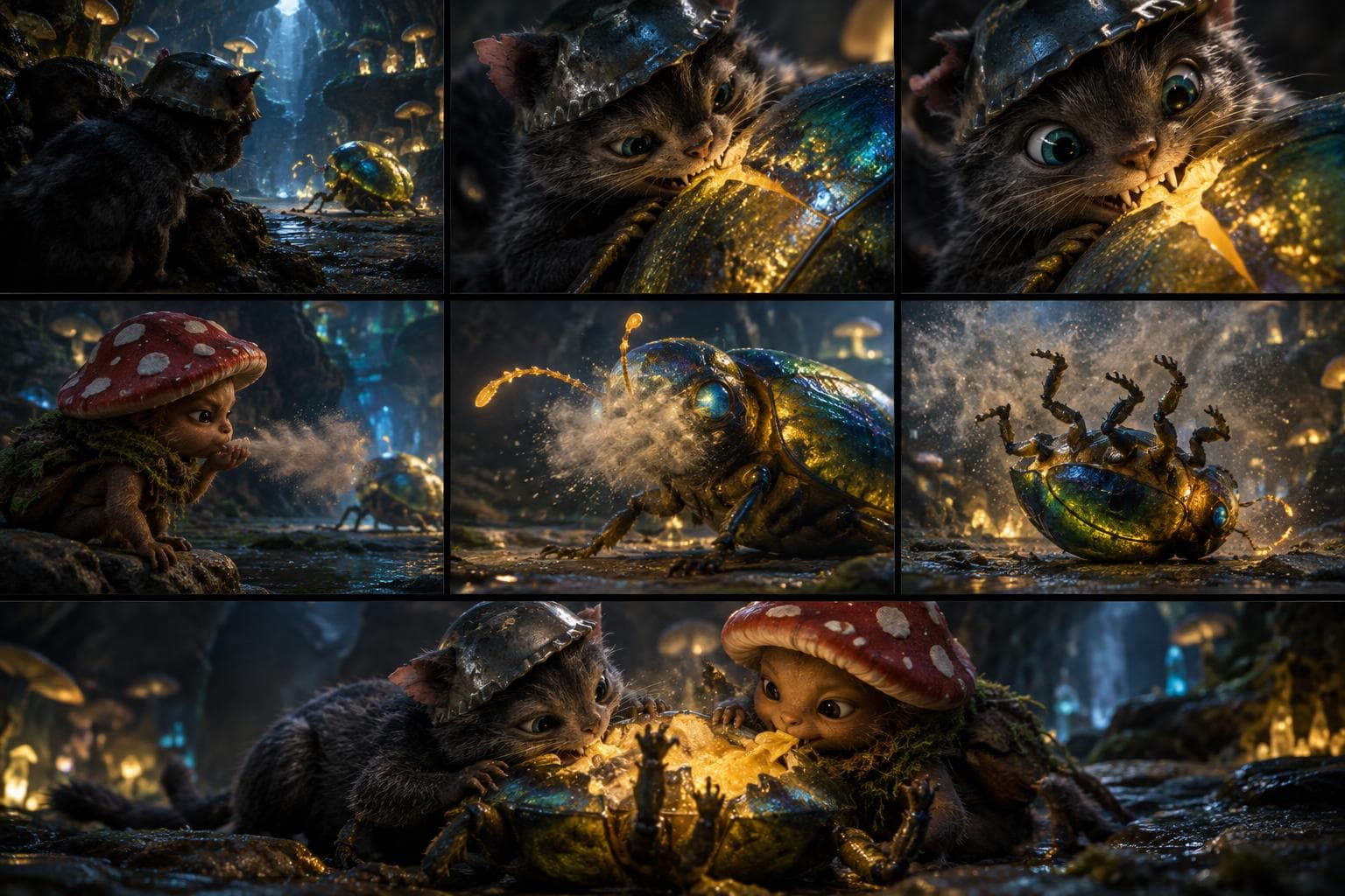 Comic strip of a round in The Hungering Deep, an AI dungeon evolution RPG: a nervous cave rat who hoards shiny things and tiny grudges and a mushroom sprite who puffs spores when startled