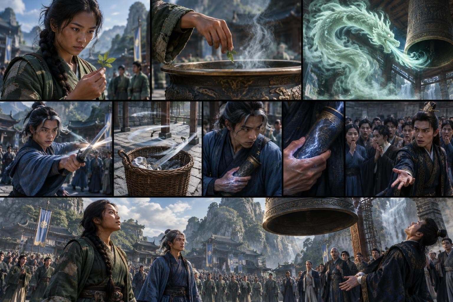 Comic strip of a round in Path of the Jade Summit, an AI cultivation RPG: a village herbalist who cultivates through stubborn patience and a disgraced sword prodigy with a talent for dramatic entrances