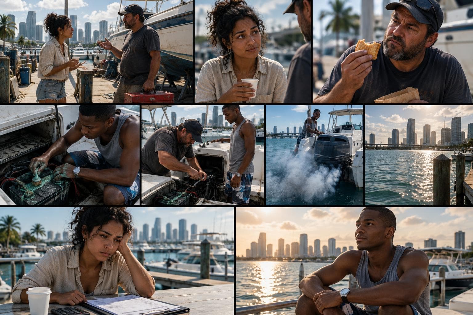 Comic strip of a round in Miami Nights, an AI nightlife hustle RPG: hialeah-born hustler building a sunset-cruise business and patient boat tinkerer with a gift for charming nervous customers