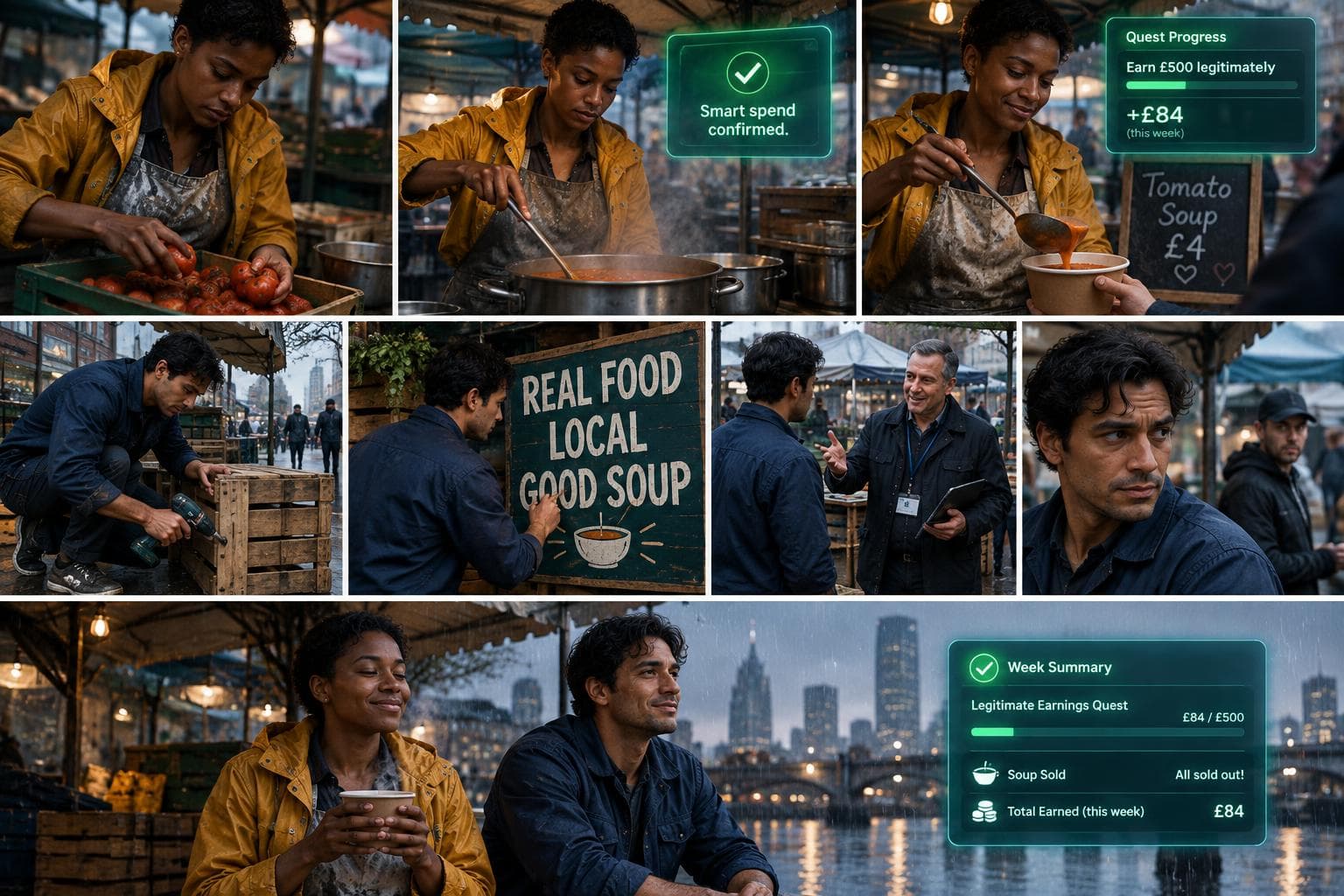 Comic strip of a round in Rags to Riches: The System, an AI tycoon RPG: savvy market-stall owner turning surplus produce into a lunch empire and patient mechanic-turned-bookkeeper who spots hidden value in city junk