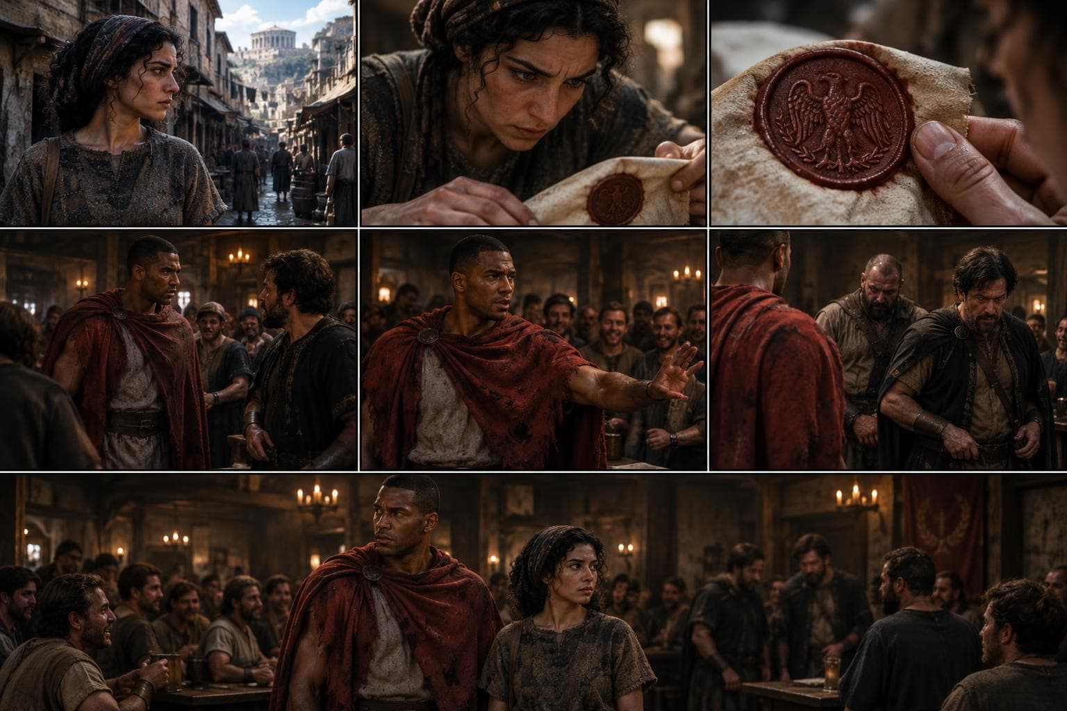 Comic strip of a round in The Road to Rome, an AI historical RPG: a sharp-tongued subura washerwoman seeking influence through the law and a greek-born freedman’s son chasing glory and steady pay in the legions