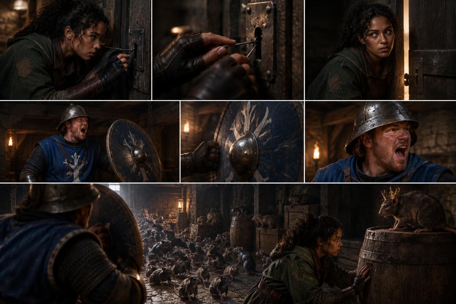Comic strip of a round in The Silver Guild, an AI guild adventure RPG: copper-rank locksmith who treats every door as a personal challenge and copper-rank cook and shield-bearer with questionable confidence