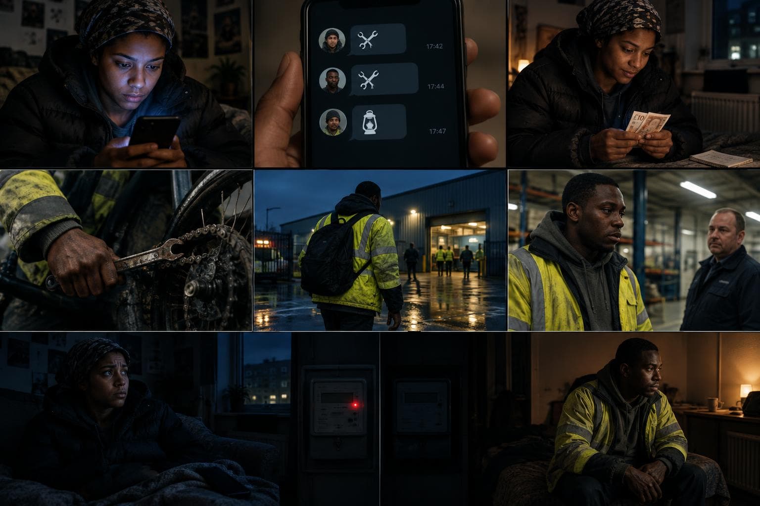 Comic strip of a round in Southside Hustle, an AI realistic life RPG: apprentice barber selling homemade hair oil to cover bills and delivery rider hunting honest work after his bike chain snapped
