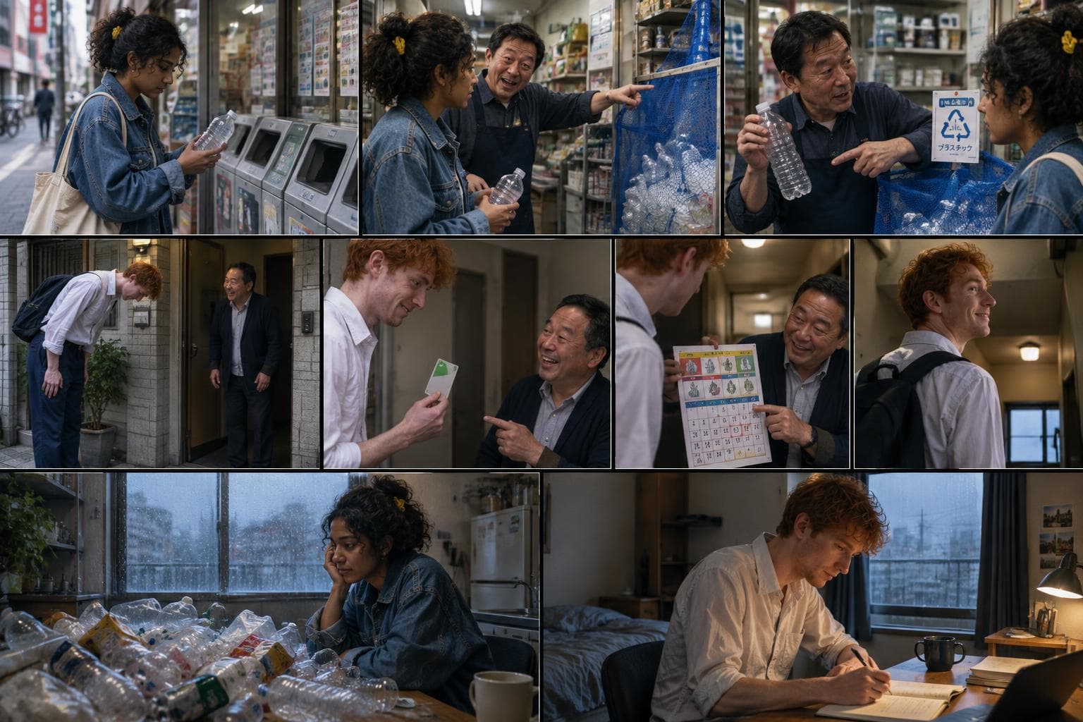 Comic strip of a round in Tokyo New Life, an AI life abroad RPG: brazilian language-school student collecting neighborhood recipes and irish junior designer learning to survive tokyo office etiquette