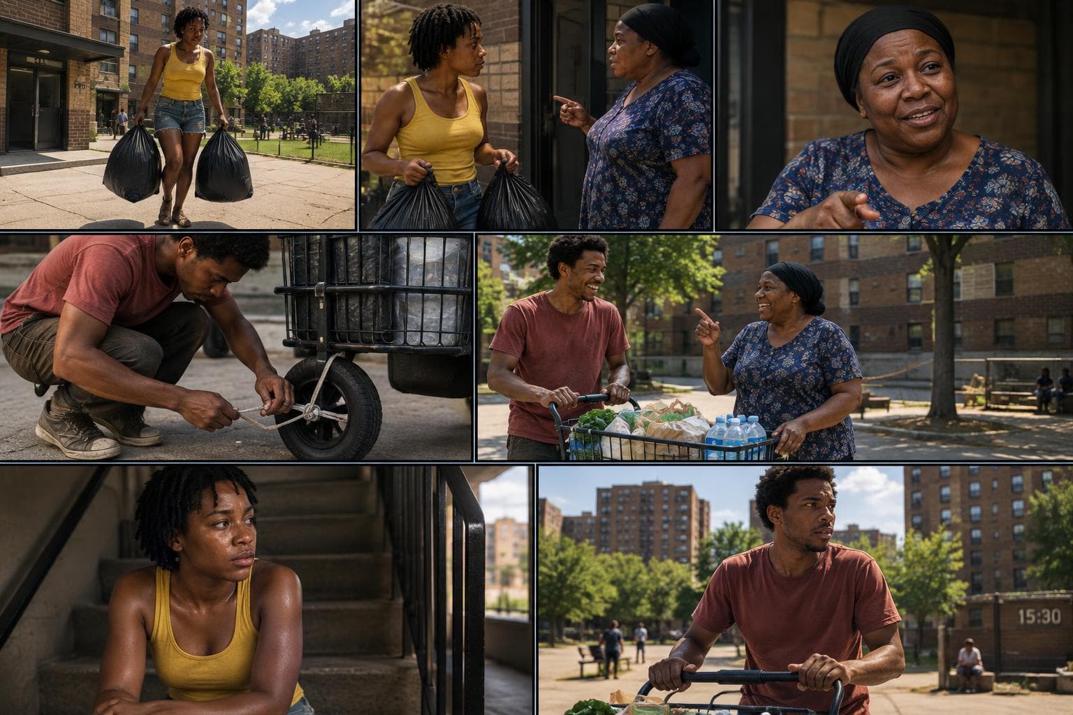 Comic strip of a round in O'Block: Nia, 19-year-old braider saving for cosmetology school; and Malik, 20-year-old warehouse applicant helping raise his little sister.